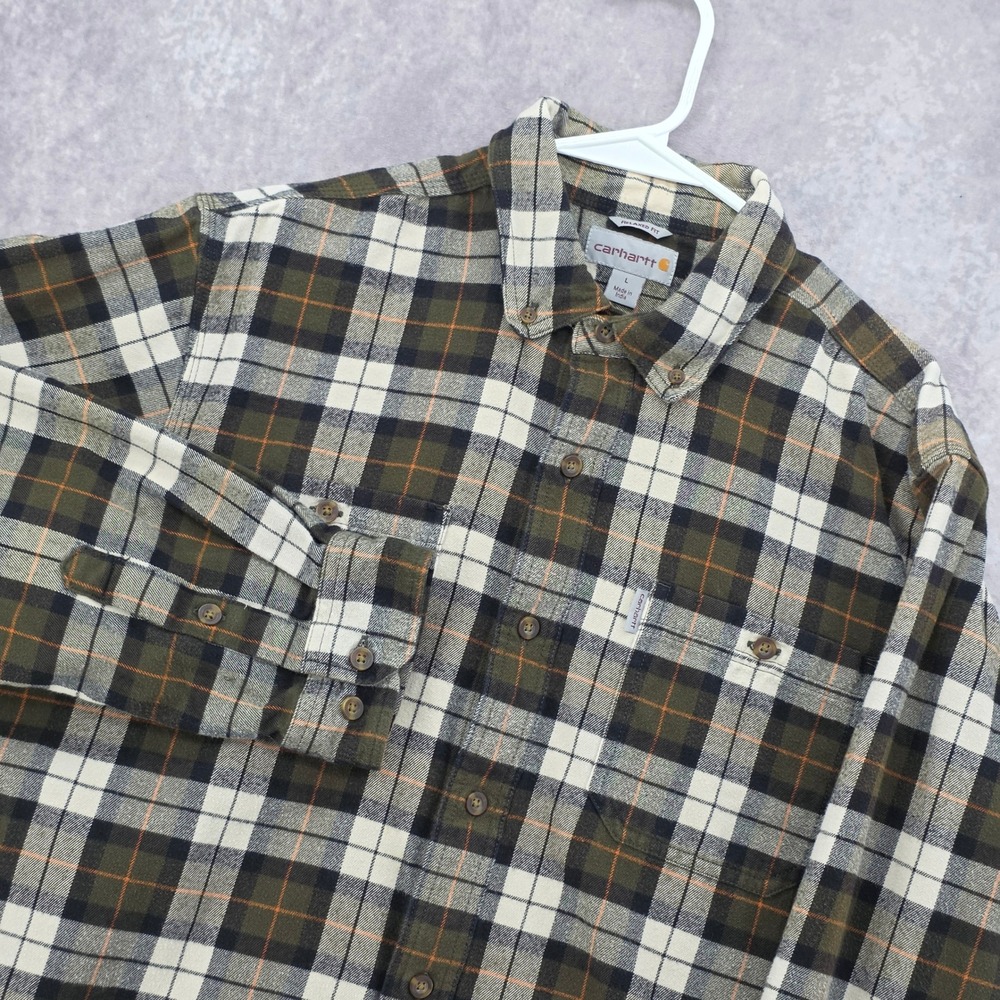 Carhartt Relaxed Fit Flannel Shirt Mens Large Olive Green Plaid Button Down